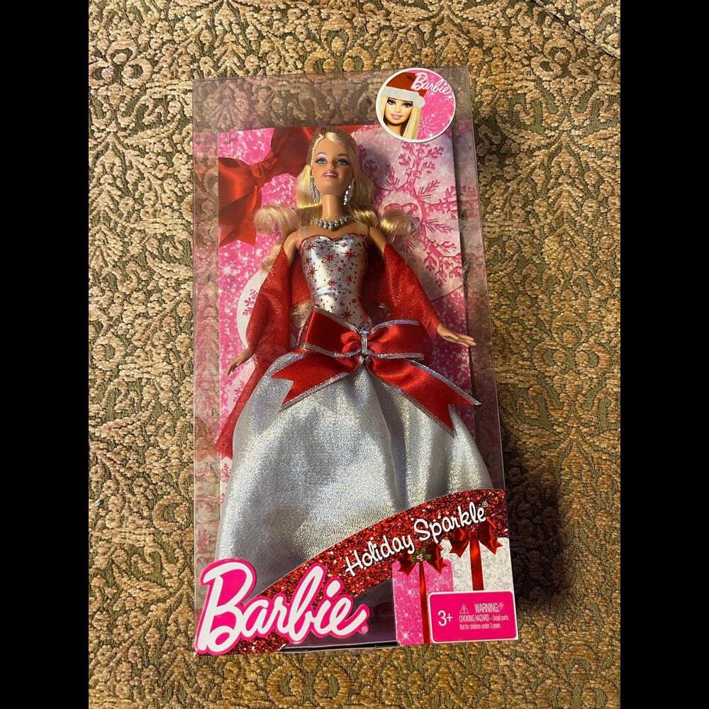 Mattel Barbie HOLIDAY SPARKLE Christmas Doll New Red Silver Dress Blonde
